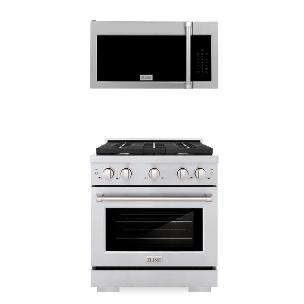 ZLINE Appliances 30" Kitchen Package Stainless Steel Gas Range and Over The Range Microwave with Traditional Handle (2KP-SGROTRH30)