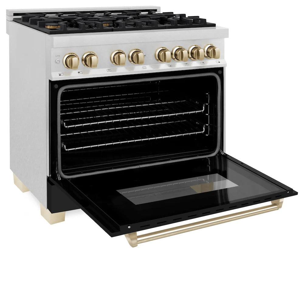 ZLINE Autograph Edition 36 in. 4.6 cu. ft. Dual Fuel Range with Gas Stove and Electric Oven in Fingerprint Resistant DuraSnow® Stainless Steel with Black Matte Door and Polished Gold Accents (RASZ-BLM-36-G)