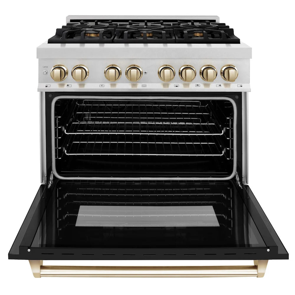 ZLINE Autograph Edition 36 in. 4.6 cu. ft. Dual Fuel Range with Gas Stove and Electric Oven in Fingerprint Resistant DuraSnow® Stainless Steel with Black Matte Door and Polished Gold Accents (RASZ-BLM-36-G)