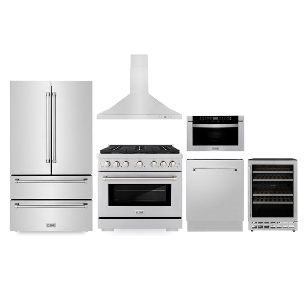 ZLINE Appliances Kitchen Package with Refrigeration, 36" Stainless Steel Gas Range, 36" Range Hood, Microwave Drawer, 24" Tall Tub Dishwasher and Wine Cooler (6KPR-SGRRH36-MWDWV-RWV)