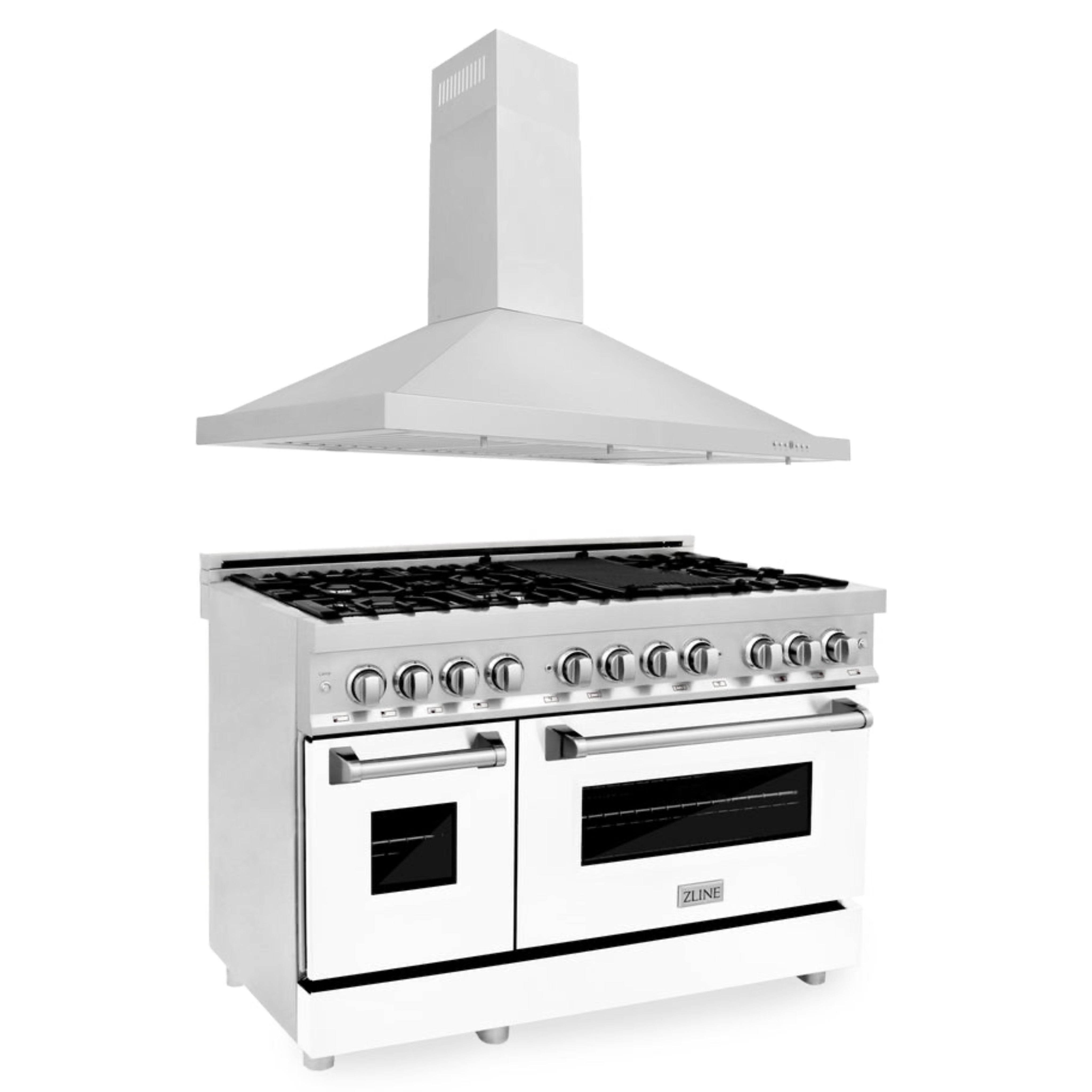 ZLINE 2 Piece Kitchen Appliance Package - 48" Stainless Steel Dual Fuel Range with White Matte Door and Convertible Vent Range Hood (2KP-RAWMRH48)