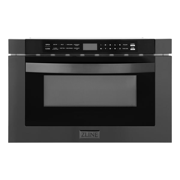 ZLINE Kitchen Package with Black Stainless Steel Refrigeration, 36" Dual Fuel Range, 36" Range Hood, Microwave Drawer, and 24" Tall Tub Dishwasher (5KPR-RABRH36-MWDWV)