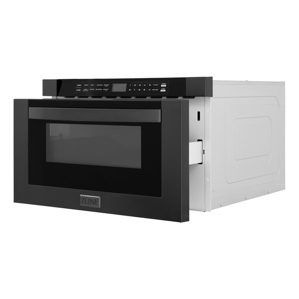 ZLINE Kitchen Package with Black Stainless Steel Refrigeration, 36" Dual Fuel Range, 36" Range Hood, Microwave Drawer, and 24" Tall Tub Dishwasher (5KPR-RABRH36-MWDWV)