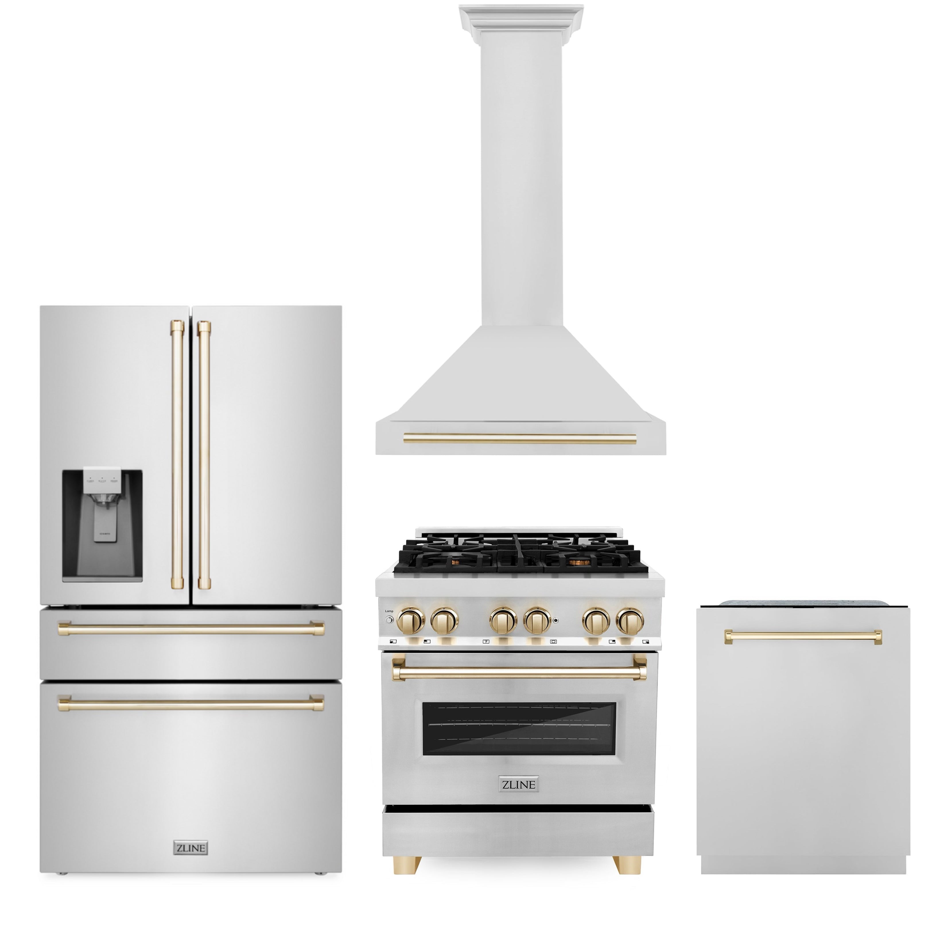 ZLINE 30" Appliance Package - Autograph Edition - Stainless Steel Dual Fuel Range, Range Hood, Dishwasher and Refrigeration Including External Water Dispenser with Gold Accents (4AKPR-RARHDWM30-G)