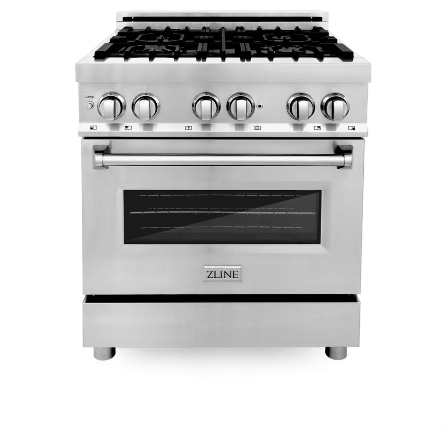 ZLINE Kitchen Package with Refrigeration, 30" Stainless Steel Dual Fuel Range, 30" Convertible Vent Range Hood, 24" Microwave Drawer, and 24" Tall Tub Dishwasher (5KPR-RARH30-MWDWV)