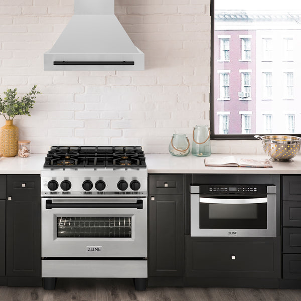 ZLINE Appliances - 2 Piece Kitchen Package - 30" Autograph Edition Stainless Steel Dual Fuel Range and Range Hood with Matte Black Accents (2AKP-RARH30-MB)