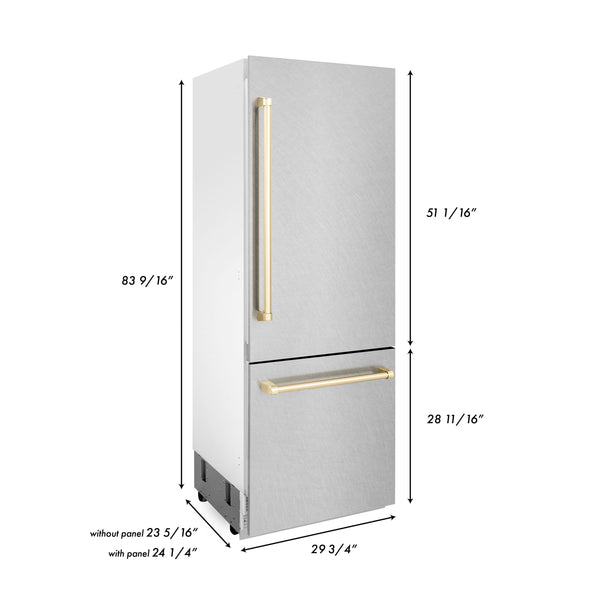 ZLINE 30" Autograph Edition 16.1 cu. ft. Built-in 2-Door Bottom Freezer Refrigerator with Internal Water and Ice Dispenser in Fingerprint Resistant Stainless Steel with Gold Accents (RBIVZ-SN-30-G)