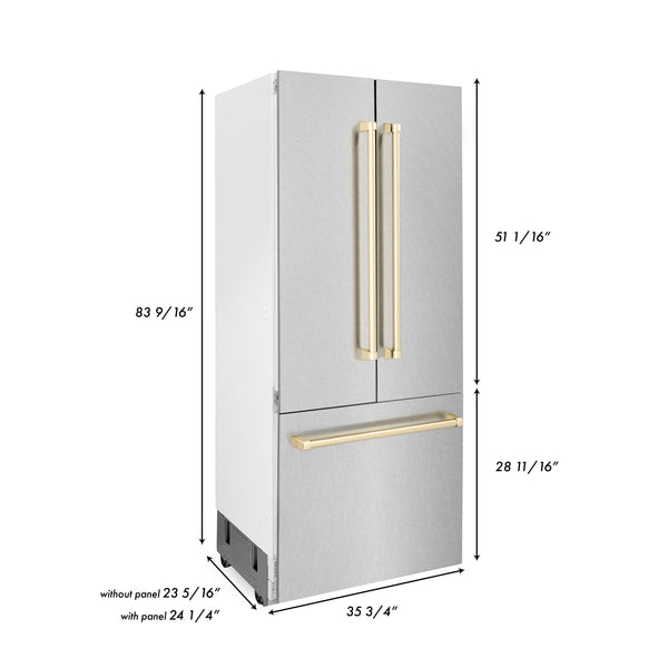 ZLINE 36" Autograph Edition 19.6 cu. ft. Built-in 3-Door French Door Refrigerator with Internal Water and Ice Dispenser in Fingerprint Resistant Stainless Steel with Gold Accents (RBIVZ-SN-36-G)