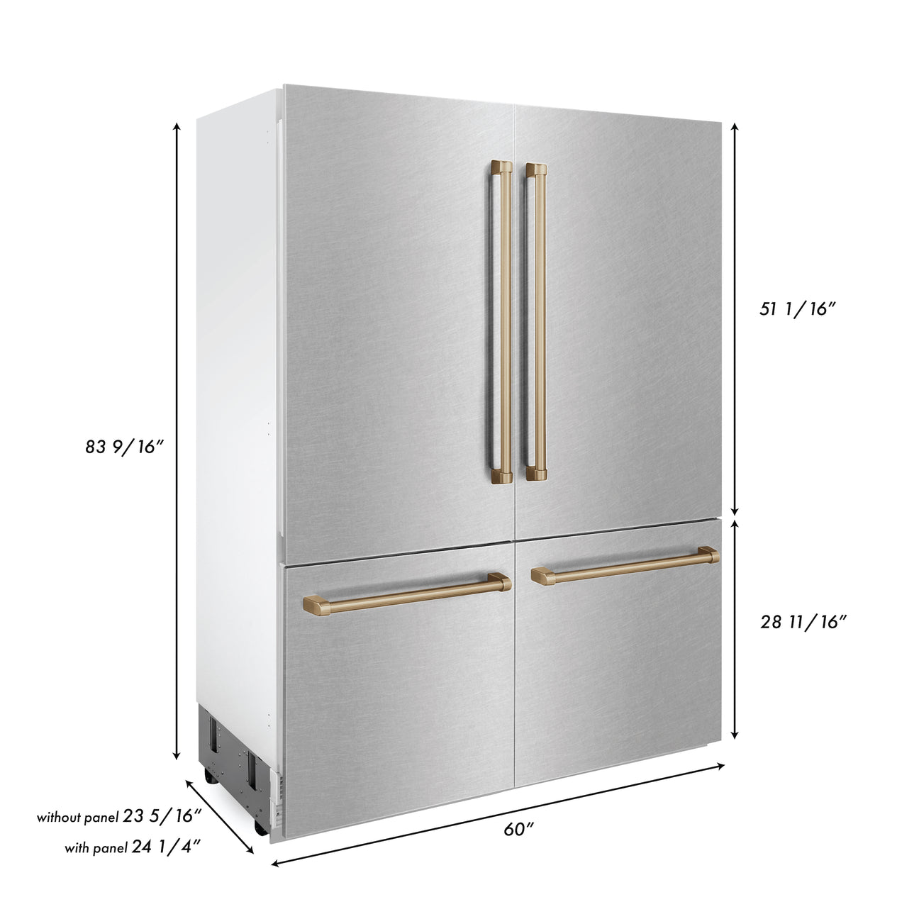 ZLINE 60" Autograph Edition 32.2 cu. ft. Built-in 4-Door French Door Refrigerator with Internal Water and Ice Dispenser in Fingerprint Resistant Stainless Steel with Champagne Bronze Accents (RBIVZ-SN-60-CB)