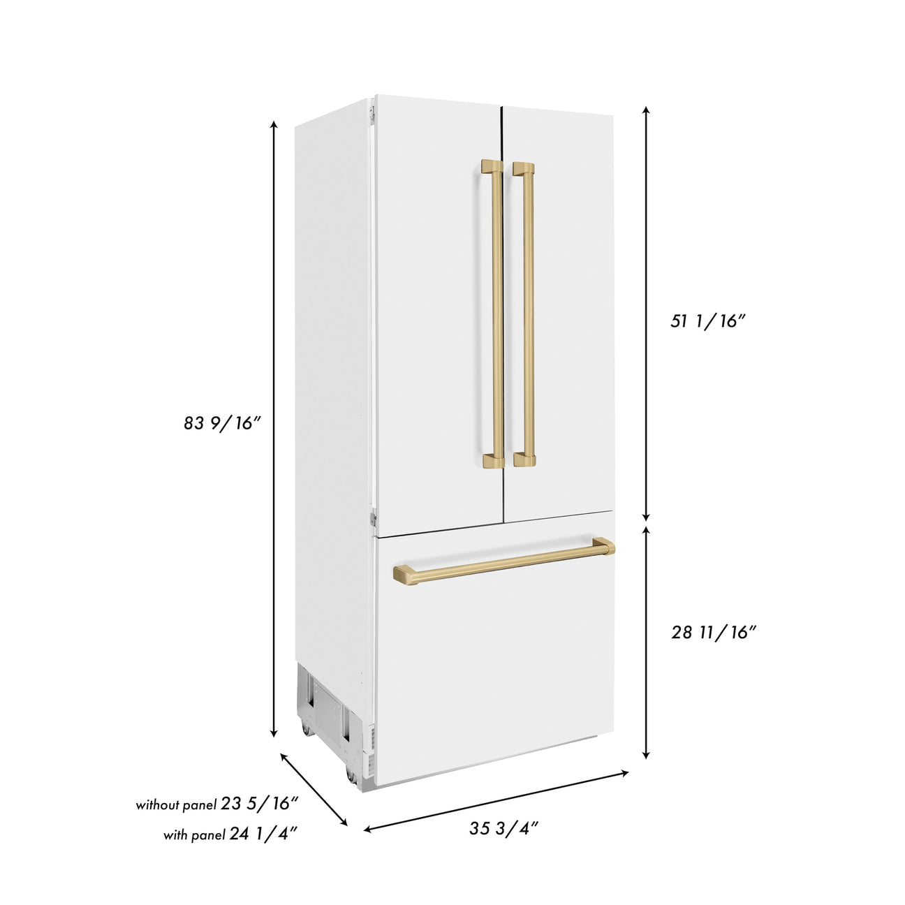 ZLINE 36" Autograph Edition 19.6 cu. ft. Built-in 3-Door French Door Refrigerator with Internal Water and Ice Dispenser in White Matte with Champagne Bronze Accents (RBIVZ-WM-36-CB)