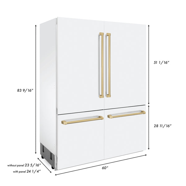 ZLINE 60" Autograph Edition 32.2 cu. ft. Built-in 4-Door French Door Refrigerator with Internal Water and Ice Dispenser in White Matte with Champagne Bronze Accents (RBIVZ-WM-60-CB)