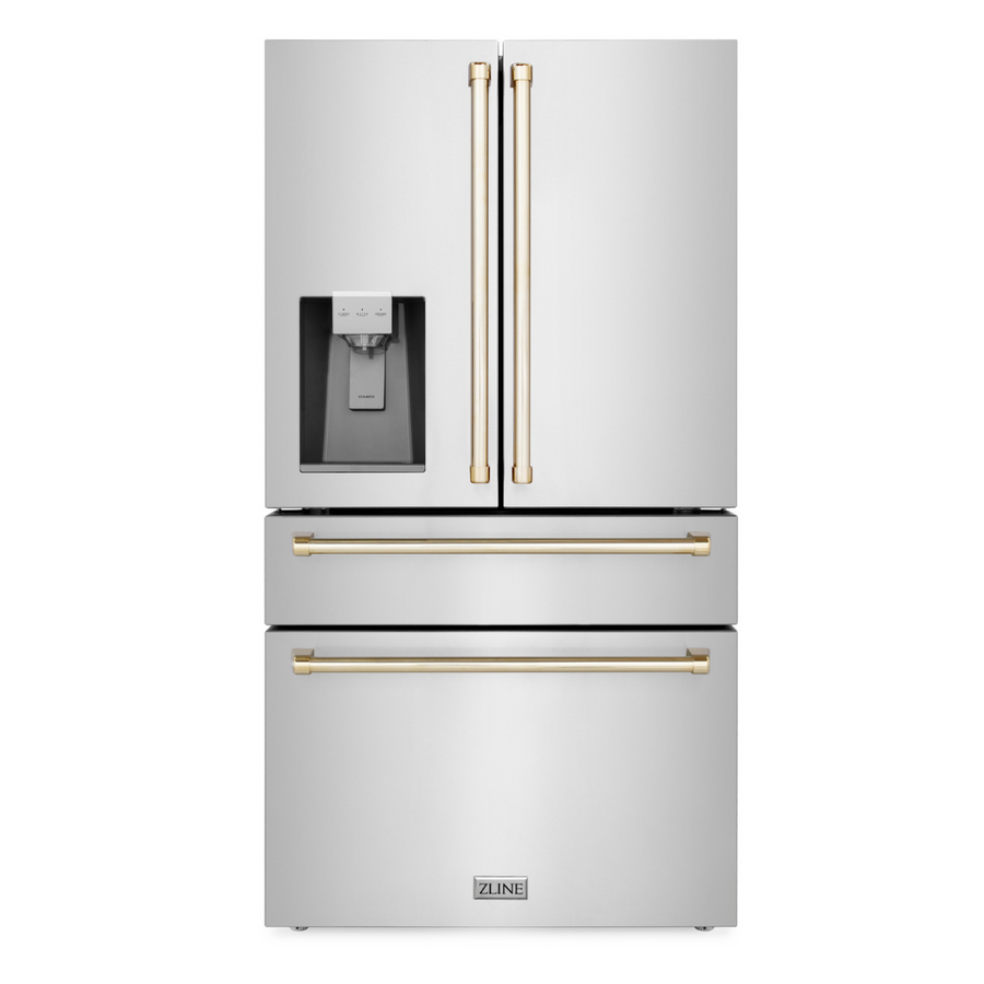 ZLINE 30" Appliance Package - Autograph Edition - Stainless Steel Dual Fuel Range, Range Hood, Dishwasher and Refrigeration Including External Water Dispenser with Gold Accents (4AKPR-RARHDWM30-G)