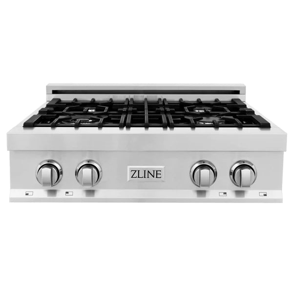 ZLINE Kitchen Package with Refrigeration, 30" Stainless Steel Gas Rangetop, 30" Convertible Vent Range Hood, 30" Double Wall Oven, and 24" Tall Tub Dishwasher (5KPR-RTRH30-AWDDWV)