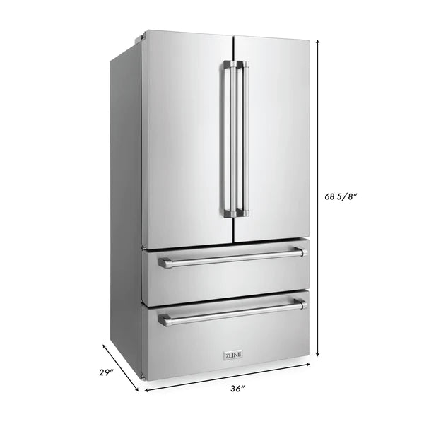 ZLINE Appliances Kitchen Package with Refrigeration, 36" Stainless Steel Gas Range, 36" Range Hood, Microwave Drawer, and 24" Tall Tub Dishwasher (5KPR-SGRRH36-MWDWV)