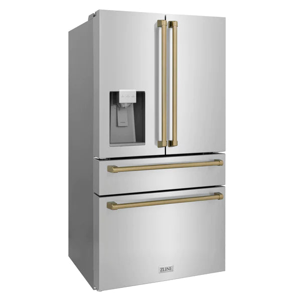 ZLINE 48" Appliance Package - Autograph Edition - Stainless Steel Dual Fuel Range, Range Hood, Dishwasher and Refrigeration Including External Water Dispenser with Champagne Bronze Accents (4AKPR-RARHDWM48-CB)