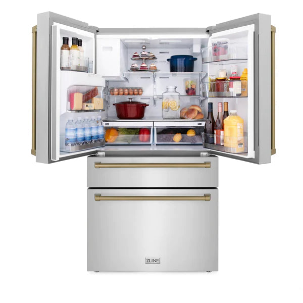 ZLINE 30" Appliance Package - Autograph Edition - Stainless Steel Dual Fuel Range, Range Hood, Dishwasher and Refrigeration Including External Water Dispenser with Champagne Bronze Accents (4AKPR-RARHDWM30-CB)