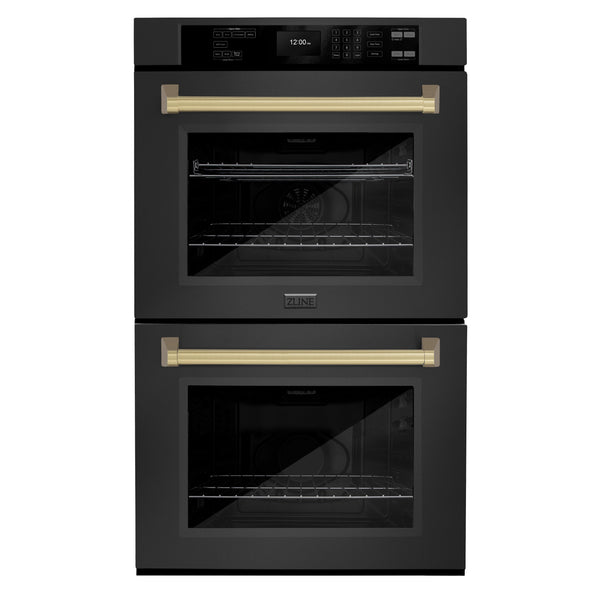 ZLINE 30 in. Autograph Edition Professional True Convection Double Wall Oven with Air Fry and Self Clean in Black Stainless Steel with Champagne Bronze Handles (WADBZ-30-CB)