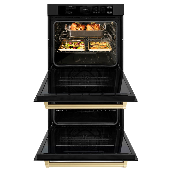 ZLINE 30 in. Autograph Edition Professional True Convection Double Wall Oven with Air Fry and Self Clean in Black Stainless Steel with Champagne Bronze Handles (WADBZ-30-CB)