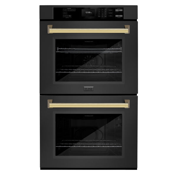 ZLINE 30 in. Autograph Edition Professional True Convection Double Wall Oven with Air Fry and Self Clean in Black Stainless Steel with Polished Gold Handles (WADBZ-30-G)