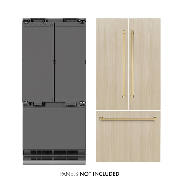 ZLINE Autograph Edition 36 in. 19.6 cu. ft. Panel Ready French Door Built-In Bottom Freezer Refrigerator with Water Dispenser and Ice Maker with Graphite Gray Interior and Champagne Bronze Accents (GRBIVZ-36-CB)