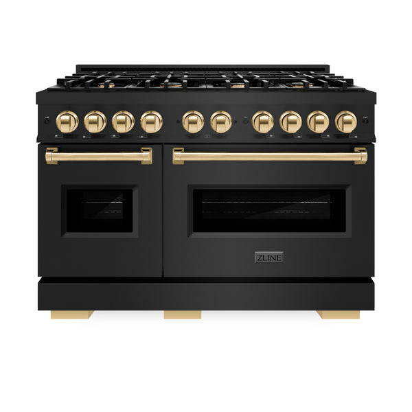 ZLINE Autograph Edition 48 in. 6.7 cu. ft. Classic Double Oven Dual Fuel Range with 8 Burner Gas Cooktop in Black Stainless Steel and Polished Gold Accents (CDRBZ-48-G)