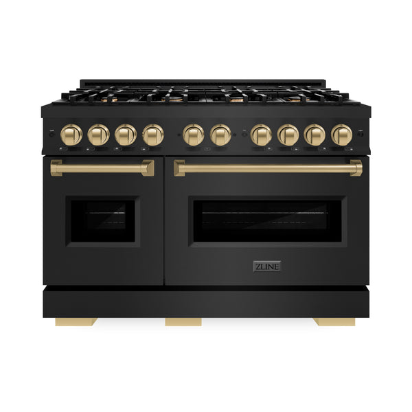 ZLINE Autograph Edition 48 in. 6.7 cu. ft. Classic Double Oven Gas Range with 8 Burner Cooktop in Black Stainless Steel and Champagne Bronze Accents (CGRBZ-48-CB)