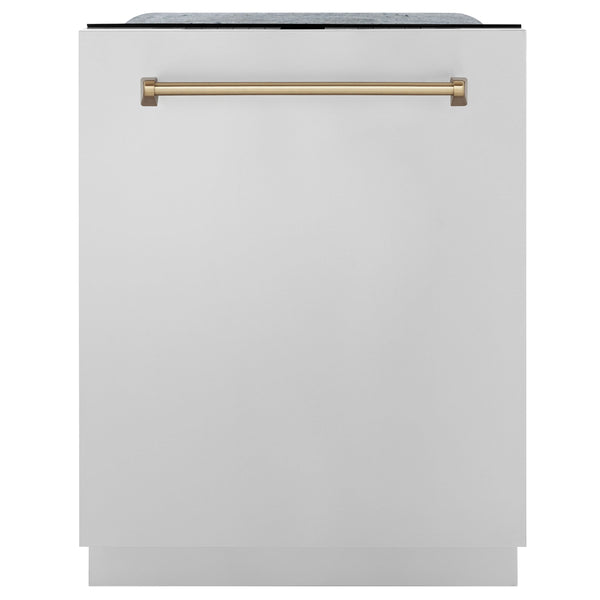 ZLINE 48" Appliance Package - Autograph Edition - Stainless Steel Dual Fuel Range, Range Hood, Dishwasher and Refrigeration Including External Water Dispenser with Champagne Bronze Accents (4AKPR-RARHDWM48-CB)