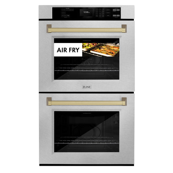 ZLINE 30 in. Autograph Edition Professional True Convection Double Wall Oven with Air Fry and Self Clean in DuraSnow® Stainless Steel with Champagne Bronze Handles (WADSZ-30-CB)