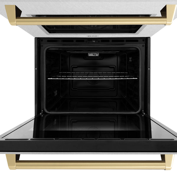 ZLINE 30 in. Autograph Edition Professional True Convection Double Wall Oven with Air Fry and Self Clean in DuraSnow® Stainless Steel with Champagne Bronze Handles (WADSZ-30-CB)