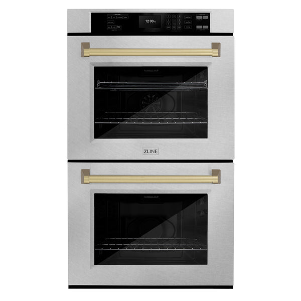 ZLINE 30 in. Autograph Edition Professional True Convection Double Wall Oven with Air Fry and Self Clean in DuraSnow® Stainless Steel with Champagne Bronze Handles (WADSZ-30-CB)