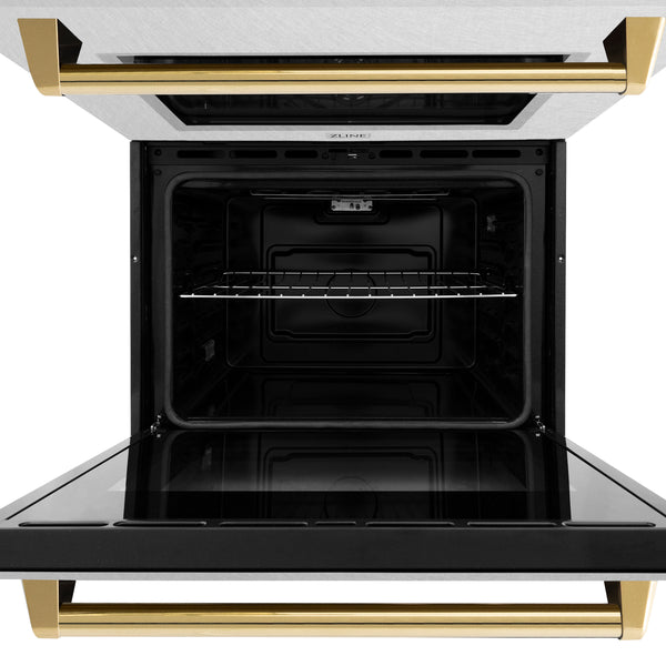 ZLINE 30 in. Autograph Edition Professional True Convection Double Wall Oven with Air Fry and Self Clean in DuraSnow® Stainless Steel with Polished Gold Handles (WADSZ-30-G)