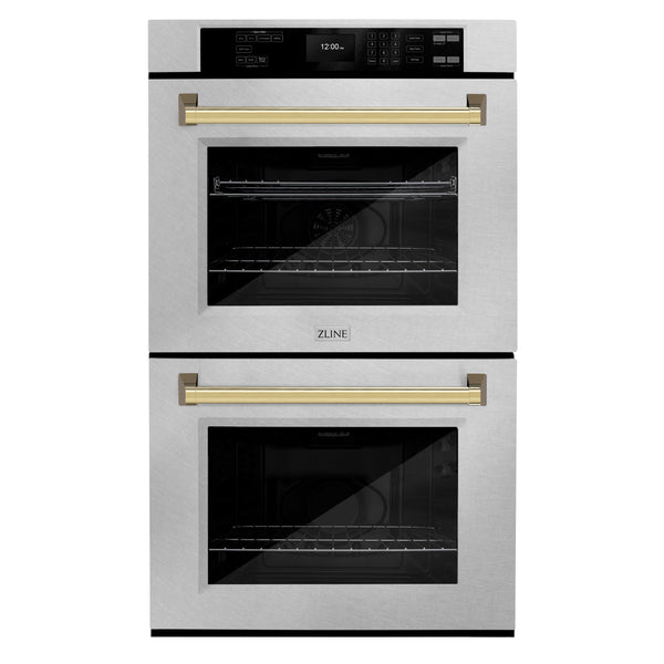 ZLINE 30 in. Autograph Edition Professional True Convection Double Wall Oven with Air Fry and Self Clean in DuraSnow® Stainless Steel with Polished Gold Handles (WADSZ-30-G)