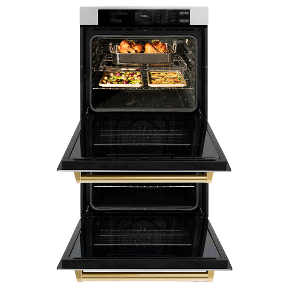 ZLINE 30 in. Autograph Edition Professional True Convection Double Wall Oven with Air Fry and Self Clean in DuraSnow® Stainless Steel with Polished Gold Handles (WADSZ-30-G)