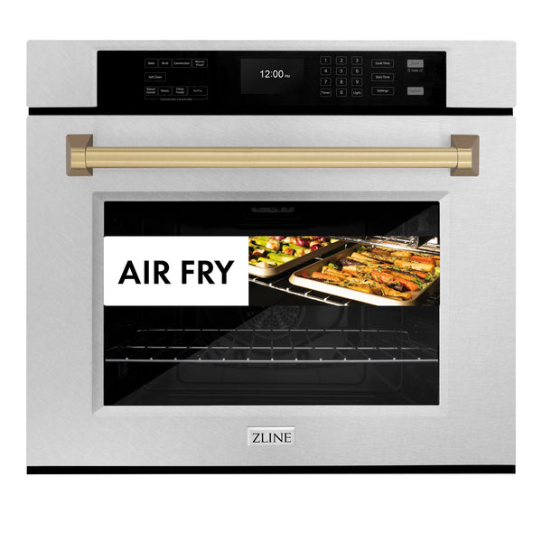 ZLINE 30 in. Autograph Edition Professional True Convection Single Wall Oven with Air Fry and Self Clean in DuraSnow® Stainless Steel with Champagne Bronze Handle (WASSZ-30-CB)