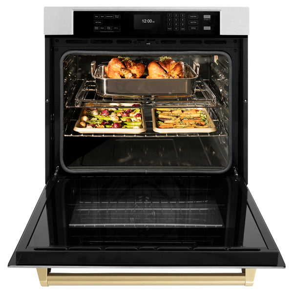 ZLINE 30 in. Autograph Edition Professional True Convection Single Wall Oven with Air Fry and Self Clean in DuraSnow® Stainless Steel with Champagne Bronze Handle (WASSZ-30-CB)