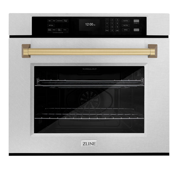 ZLINE 30 in. Autograph Edition Professional True Convection Single Wall Oven with Air Fry and Self Clean in DuraSnow® Stainless Steel with Champagne Bronze Handle (WASSZ-30-CB)