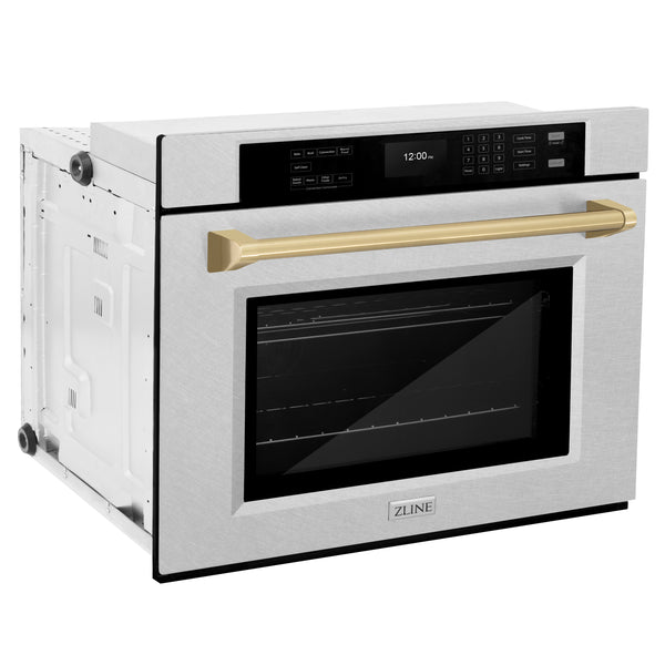 ZLINE 30 in. Autograph Edition Professional True Convection Single Wall Oven with Air Fry and Self Clean in DuraSnow® Stainless Steel with Champagne Bronze Handle (WASSZ-30-CB)