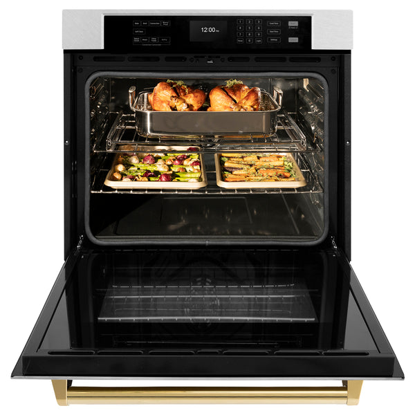 ZLINE 30 in. Autograph Edition Professional True Convection Single Wall Oven with Air Fry and Self Clean in DuraSnow® Stainless Steel with Polished Gold Handle (WASSZ-30-G)