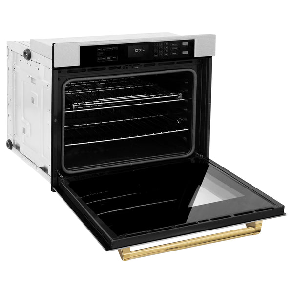 ZLINE 30 in. Autograph Edition Professional True Convection Single Wall Oven with Air Fry and Self Clean in DuraSnow® Stainless Steel with Polished Gold Handle (WASSZ-30-G)