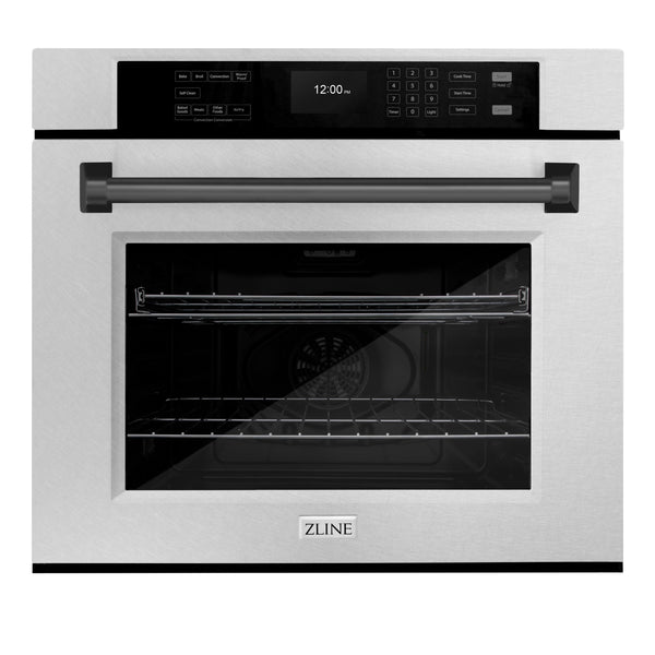 ZLINE 30 in. Autograph Edition Professional True Convection Single Wall Oven with Air Fry and Self Clean in DuraSnow® Stainless Steel with Matte Black Handle (WASSZ-30-MB)