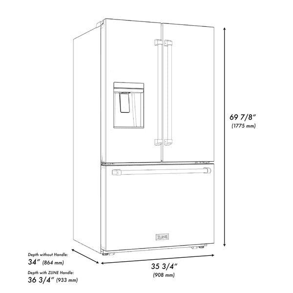 ZLINE 36 in. 28.9 cu. ft. Standard-Depth French Door External Water Dispenser Refrigerator with Dual Ice Maker in Black Stainless Steel (RSM-W-36-BS)