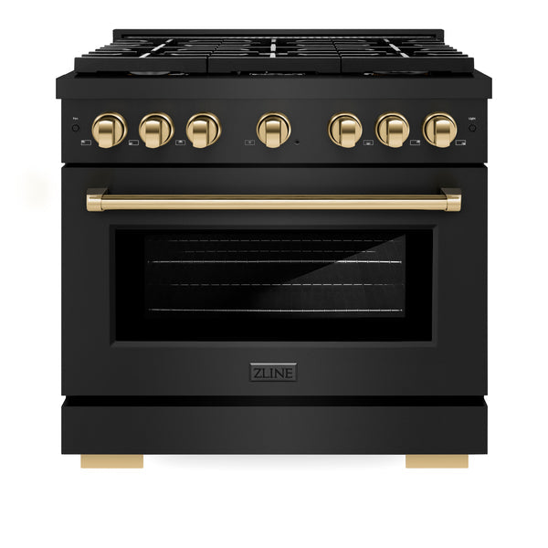 ZLINE Autograph Edition 36 in. 5.2 cu. ft. Paramount Dual Fuel Range with 6 Burner Gas Cooktop and Electric Convection Oven in Black Stainless Steel with Polished Gold Accents (SDRBZ-36-G)