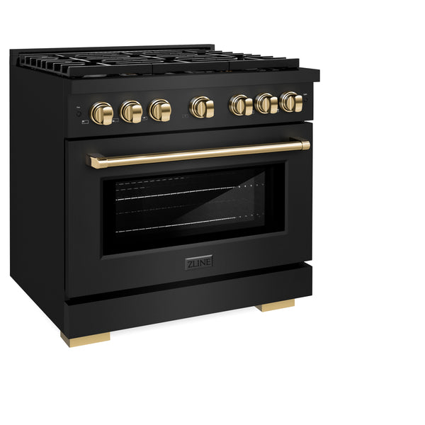 ZLINE Autograph Edition 36 in. 5.2 cu. ft. Paramount Dual Fuel Range with 6 Burner Gas Cooktop and Electric Convection Oven in Black Stainless Steel with Polished Gold Accents (SDRBZ-36-G)