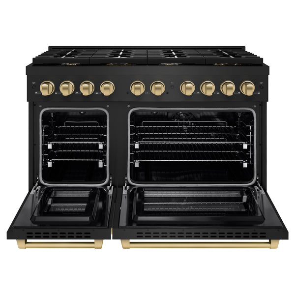 ZLINE Autograph Edition 48 in. 6.7 cu. ft. Paramount Double Oven Dual Fuel Range with 8 Burner Gas Cooktop in Black Stainless Steel and Champagne Bronze Accents (SDRBZ-48-CB)