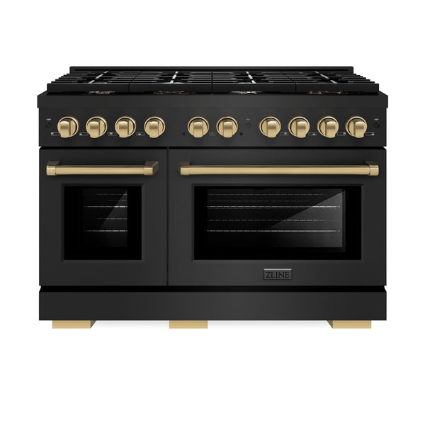 ZLINE Autograph Edition 48 in. 6.7 cu. ft. Paramount Double Oven Dual Fuel Range with 8 Burner Gas Cooktop in Black Stainless Steel and Champagne Bronze Accents (SDRBZ-48-CB)