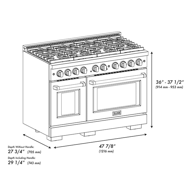 ZLINE Autograph Edition 48 in. 6.7 cu. ft. Paramount Double Oven Dual Fuel Range with 8 Burner Gas Cooktop in Black Stainless Steel and Polished Gold Accents (SDRBZ-48-G)