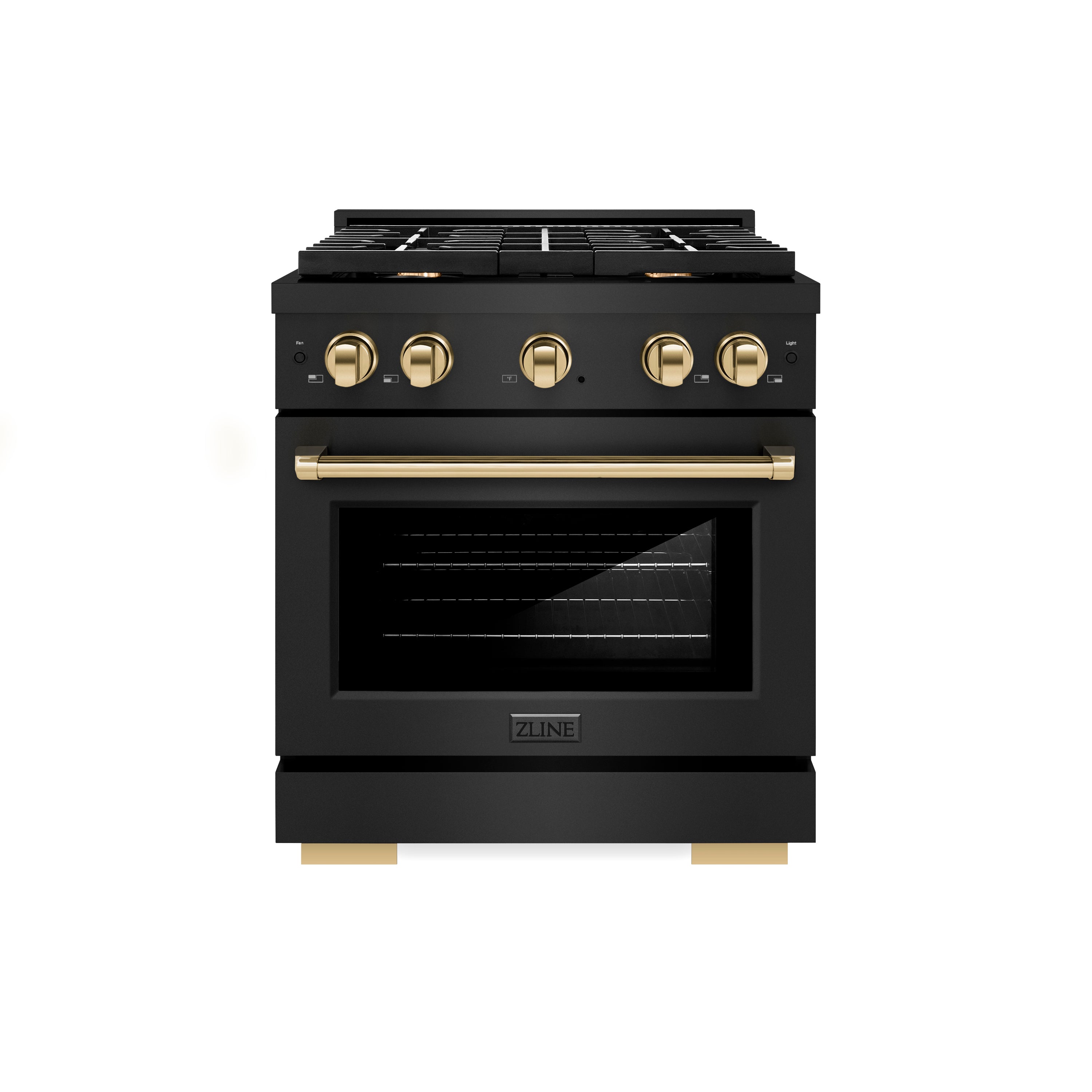 ZLINE Autograph Edition 30 in. 4.2 cu. ft. 4 Burner Gas Range with Convection Gas Oven in Black Stainless Steel and Polished Gold Accents (SGRBZ-30-G)