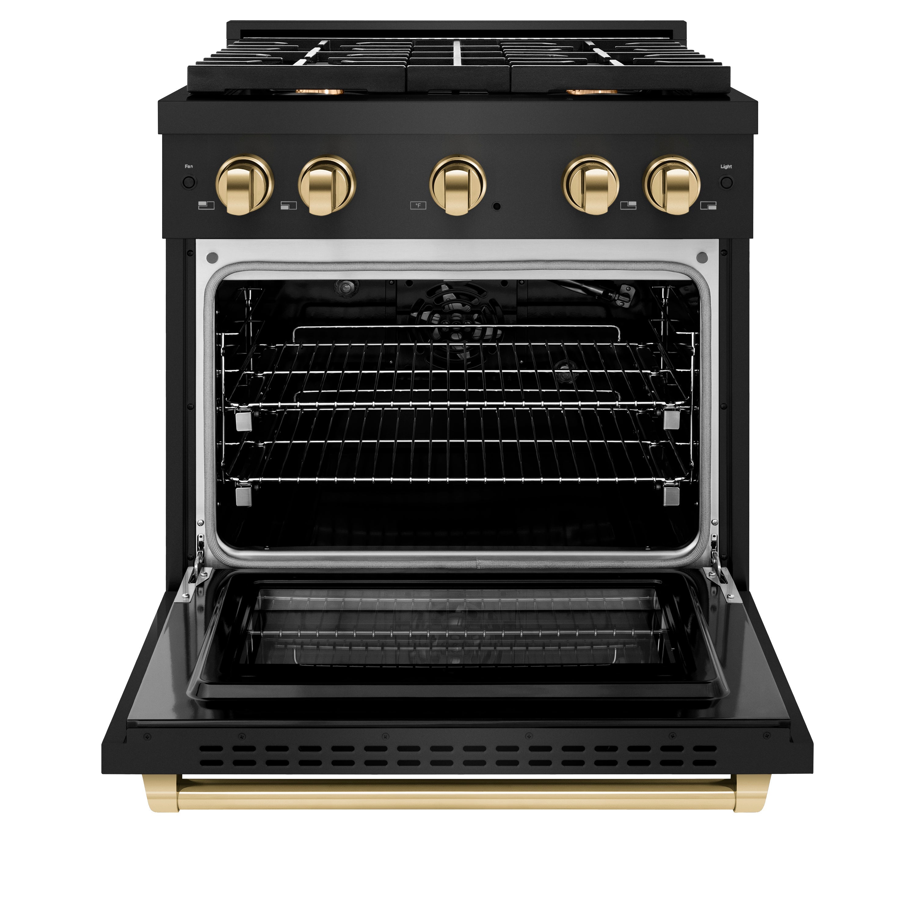 ZLINE Autograph Edition 30 in. 4.2 cu. ft. 4 Burner Gas Range with Convection Gas Oven in Black Stainless Steel and Polished Gold Accents (SGRBZ-30-G)