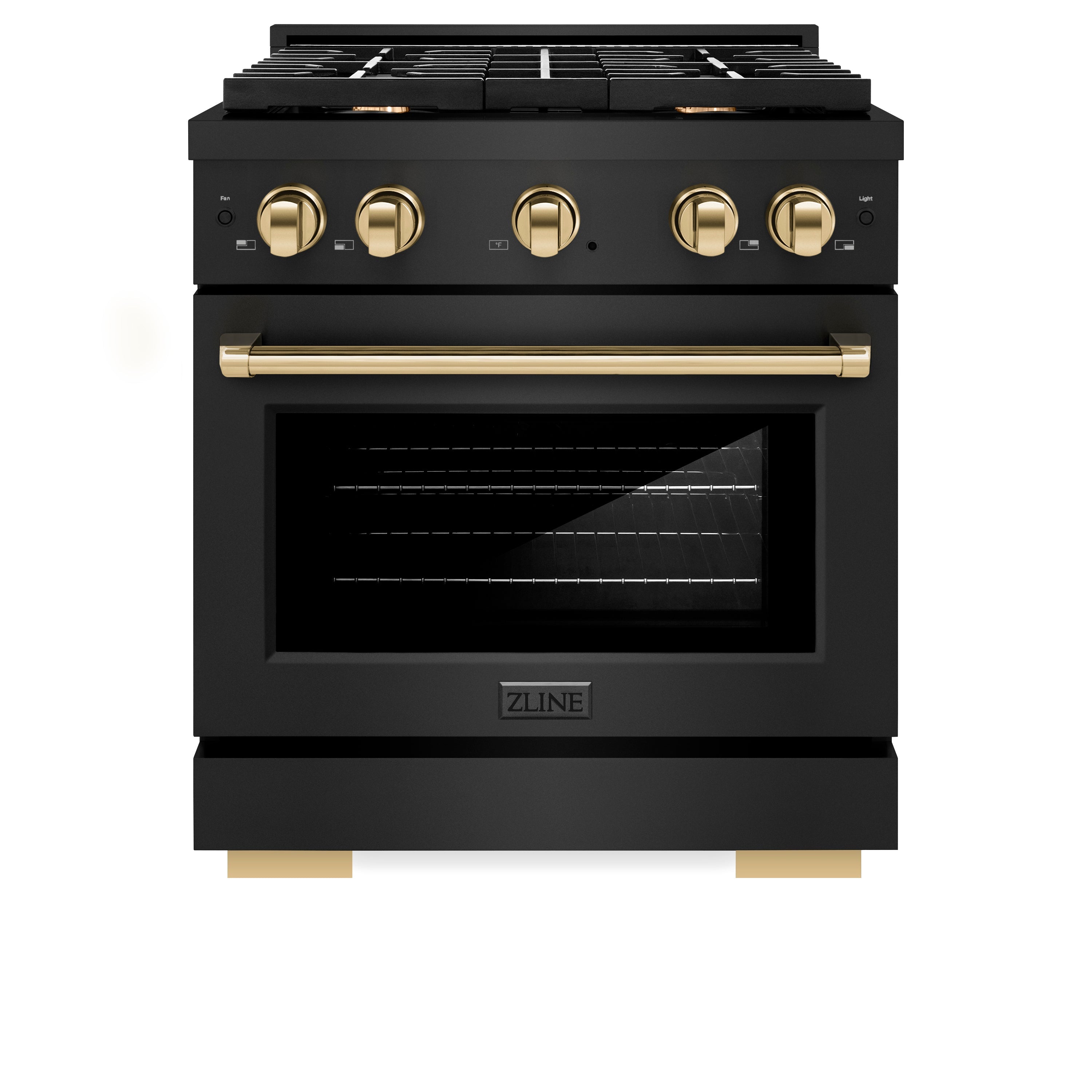 ZLINE Autograph Edition 30 in. 4.2 cu. ft. 4 Burner Gas Range with Convection Gas Oven in Black Stainless Steel and Polished Gold Accents (SGRBZ-30-G)