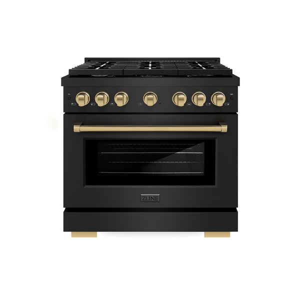 ZLINE Autograph Edition 36 in. 5.2 cu. ft. 6 Burner Gas Range with Convection Gas Oven in Black Stainless Steel and Champagne Bronze Accents (SGRBZ-36-CB)